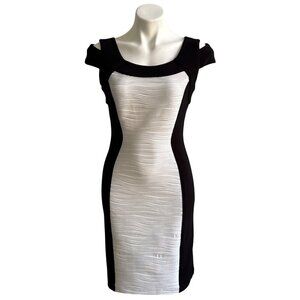 Joseph Ribkoff Black & White Textured Bodycon Dress Size 8 Cap Sleeves